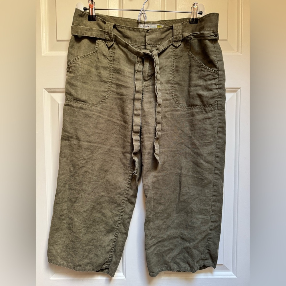 OLD NAVY Linen w/ Tie Belt Cropped Low Waist Olive Green Pants womens size 8
